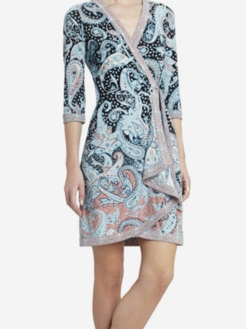BCBGMaxAzria Paisley Wrap Midi Dress in Light Blue and Coral